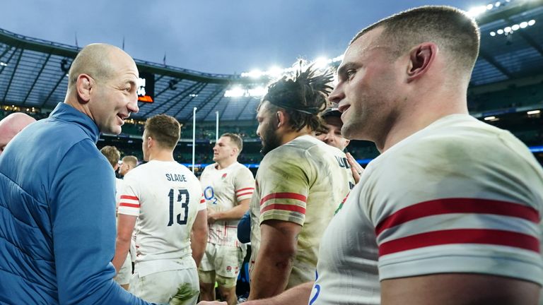 England head coach Steve Borthwick greets Ben Earl following the Guinness Six Nations match against Italy at Twickenham