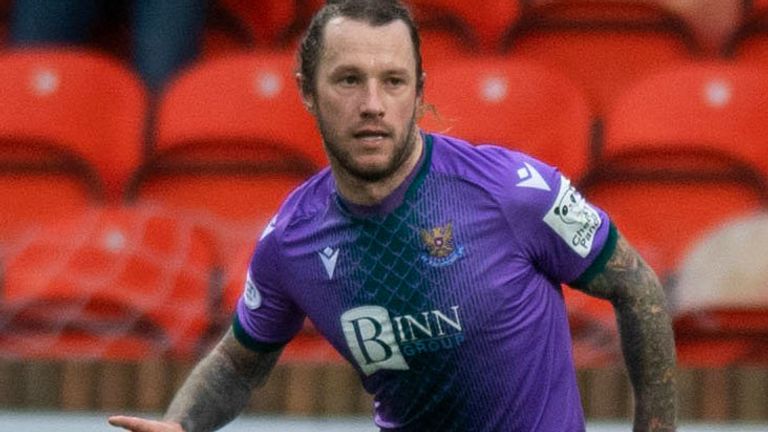 DUNDEE, SCOTLAND - FEBRUARY 18: St Johnstone's Stevie May celebrates scoring to make it 1-0 during a cinch Premiership match between Dundee United and St Johnstone at Tannadice, on February 18, 2023, in Dundee, Scotland. (Photo by Mark Scates / SNS Group)