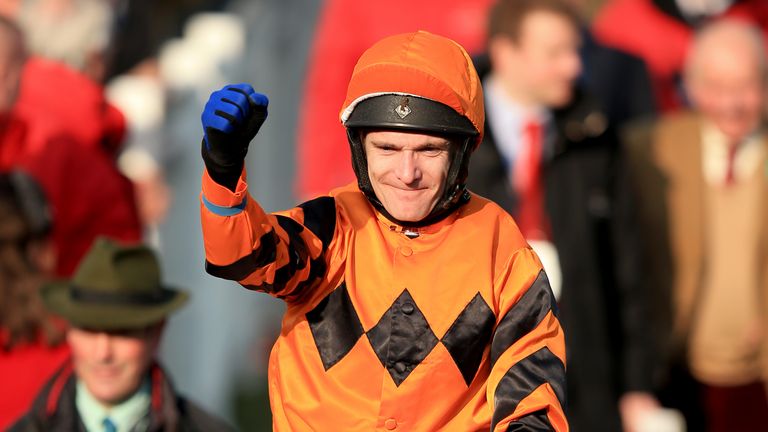 Scudamore celebrates winning the 2016 Ryanair World Hurdle on Thistlecrack 