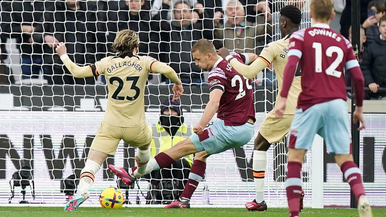 Tomas Soucek scores, but his goal is ruled out for offside by VAR