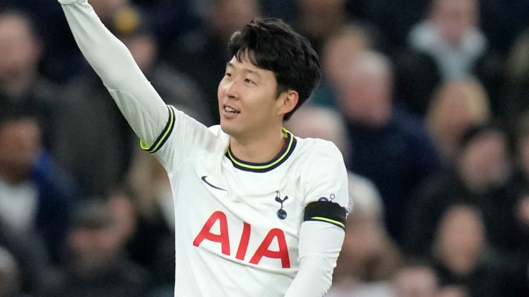 Heung-min Son waves to supporters after giving Spurs a 2-0 lead against West Ham