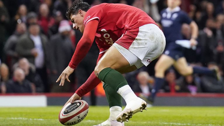 Wales' Louis Rees-Zammit scores their side's first try of the game during the Guinness Six Nations match at the Principality Stadium, Cardiff. Picture date: Saturday February 25, 2023.