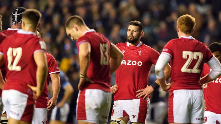  Wales&#39; players appear dejected during the Guinness Six Nations match at BT Murrayfield, Edinburgh,…