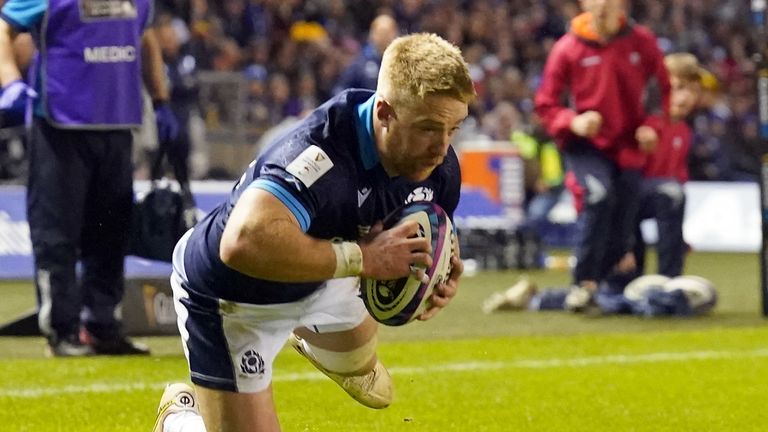Scotland's Kyle Steyn scores a try during the Guinness Six Nations match at BT Murrayfield, Edinburgh, Scotland. Picture date: Saturday February 11, 2023.