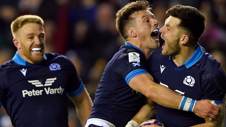 Scotland's Blair Kinghorn celebrates after scoring a try during the Guinness Six Nations match at BT Murrayfield, Edinburgh, Scotland. Picture date: Saturday February 11, 2023.