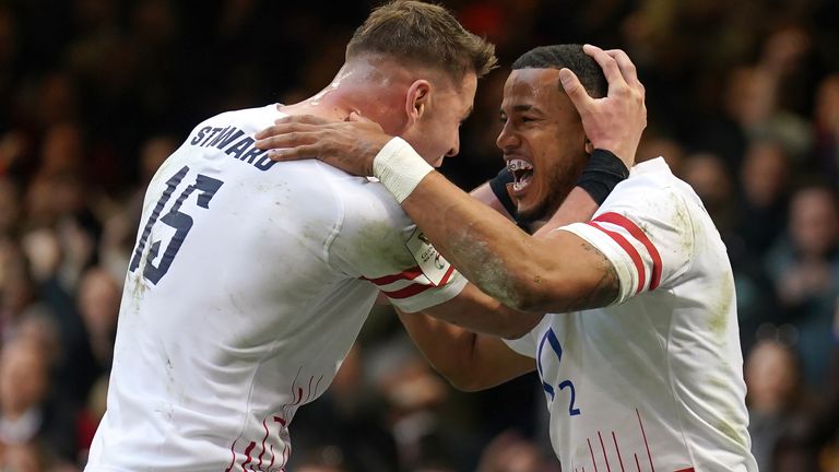 Anthony Watson (right) scored one of three England tries as they won in Cardiff for the first time since 2017 
