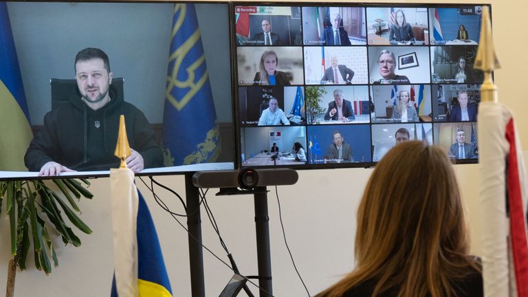 Ukraine's president Volodymyr Zelenskyy addresses summit on Russian participation in 2024 Olympics