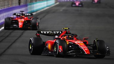 JEDDAH STREET CIRCUIT, SAUDI ARABIA - MARCH 19: Carlos Sainz, Ferrari SF-23, leads Charles Leclerc, Ferrari SF-23 during the Saudi Arabian GP at Jeddah Street Circuit on Sunday March 19, 2023 in Jeddah, Saudi Arabia. (Photo by Mark Sutton / Sutton Images)