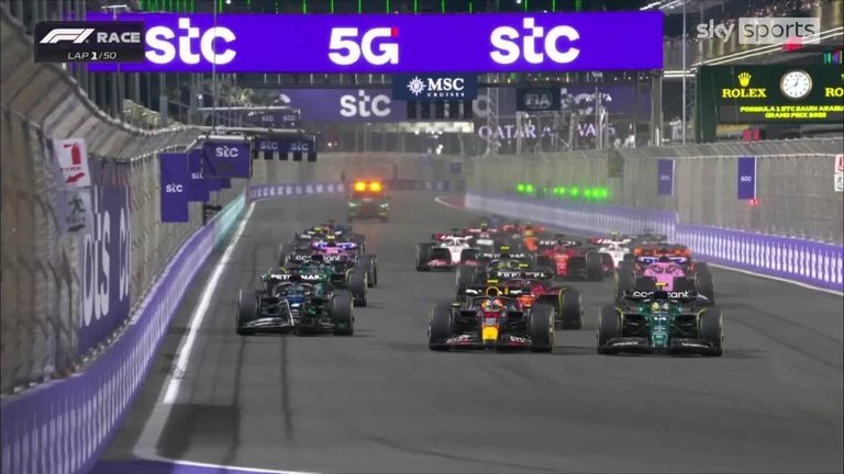 Fernando Alonso leads the Saudi Arabian Grand Prix with Sergio Perez following shortly behind.