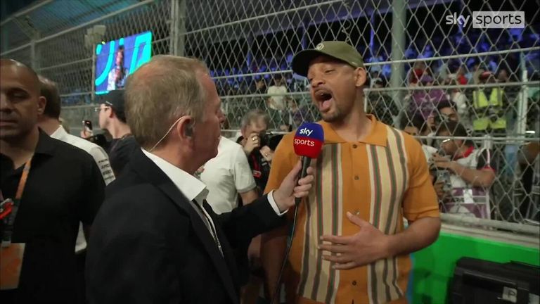 Martin Brundle bumps into Hollywood star Will Smith on his grid walk ahead of the Saudi Arabian Grand Prix