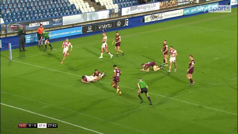 Konrad Hurrell opens the scoring for Saints in their Super League clash with Huddersfield