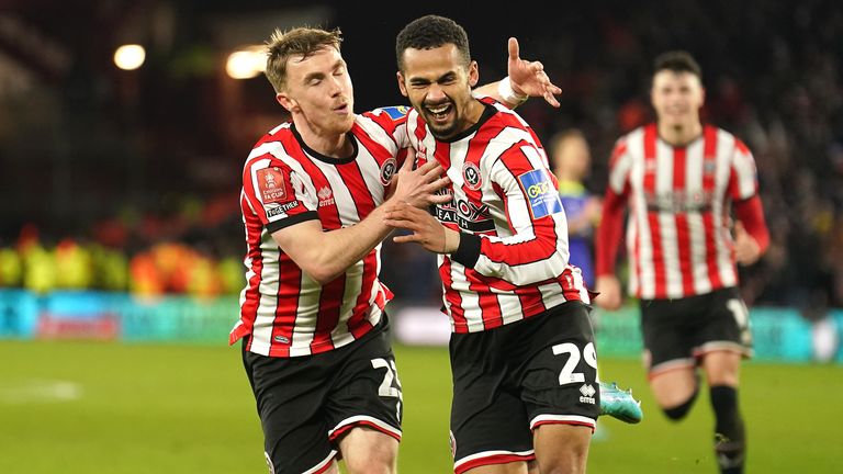 Sheffield United&#39;s Iliman Ndiaye (right) celebrates scoring their side&#39;s first goal of the game with team-mates during the Emirates FA Cup fifth round match at Bramall Lane, Sheffield. Picture date: Wednesday March 1, 2023.