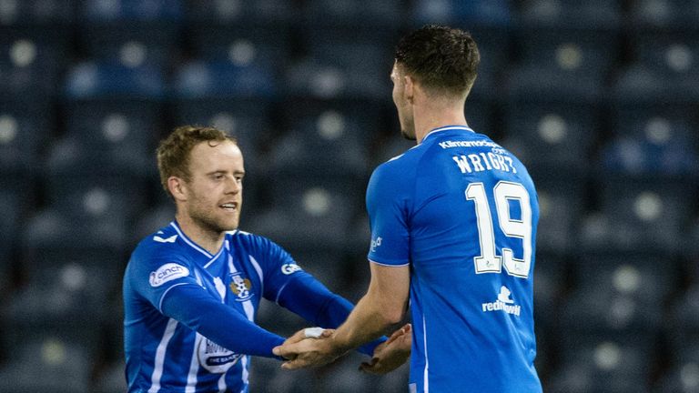 KILMARNOCK, SCOTLAND - FEBRUARY 01: Kilmarnock's Rory McKenzie and Joe Wright celebrate at full time during a cinch Premiership match between Kilmarnock and Dundee United at Rugby Park, on February 01, 2023, in Kilmarnock, Scotland. (Photo by Paul Devlin / SNS Group)