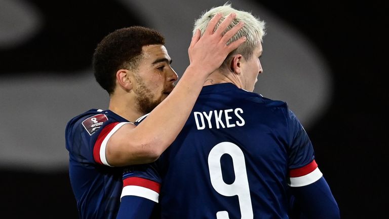 GLASGOW, SCOTLAND - MARCH 31: Che Adams celebrates with Lyndon Dykes after scoring to make it 3-0 during a World Cup qualifier between Scotland and the Faroe Islands at Hampden Park, on March 31, 2021, in Glasgow, Scotland. (Photo by Rob Casey / SNS Group)