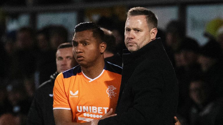 DINGWALL, SCOTLAND -  DECEMBER  23: Rangers Manager Michael Beale and Alfredo Morelos during a cinch Premiership match between Ross County and Rangers  at the Global Energy Stadium, on December 23 , 2022, in Dingwall, Scotland (Photo by Craig Foy / SNS Group)