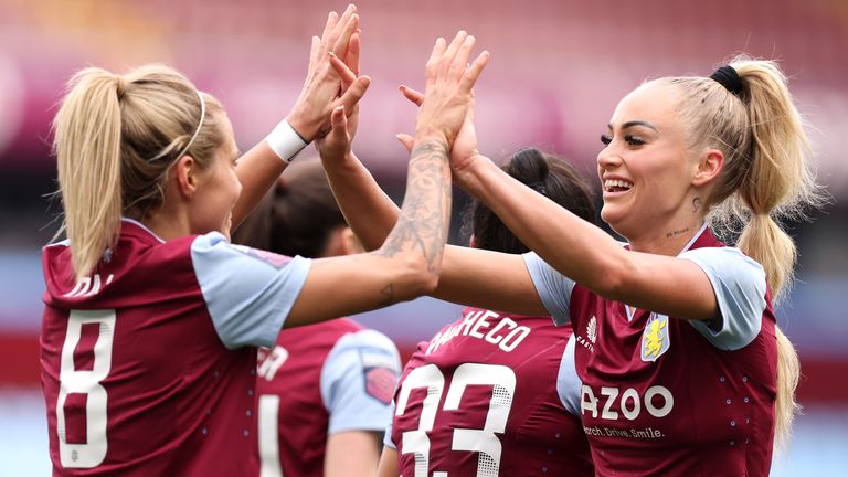Aston Villa's Alisha Lehmann and Rachel Daly celebrate their fifth goal