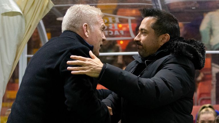 GLASGOW, SCOTLAND - NOVEMBER 26: Rangers Manager Malky Thomson and Celtic Manager Fran Alonso during a Scottish Women&#39;s Premier League match between Rangers and Celtic at Broadwood Stadium, on November 26, 2022, in Glasgow, Scotland.  (Photo by Ewan Bootman / SNS Group)