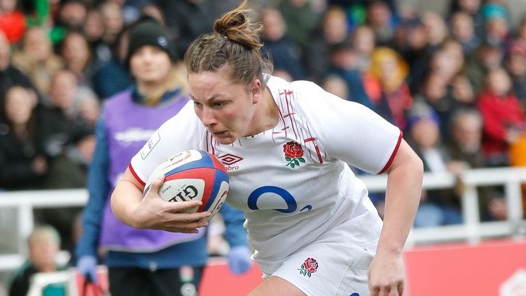 Amy Cokayne of England on her way to score in the corner during the Tik Tok Women's Six Nations match between England Women and Scotland Women at Kingston Park, Newcastle on Saturday 25th March 2023. (Photo by Chris Lishman/MI News/NurPhoto)