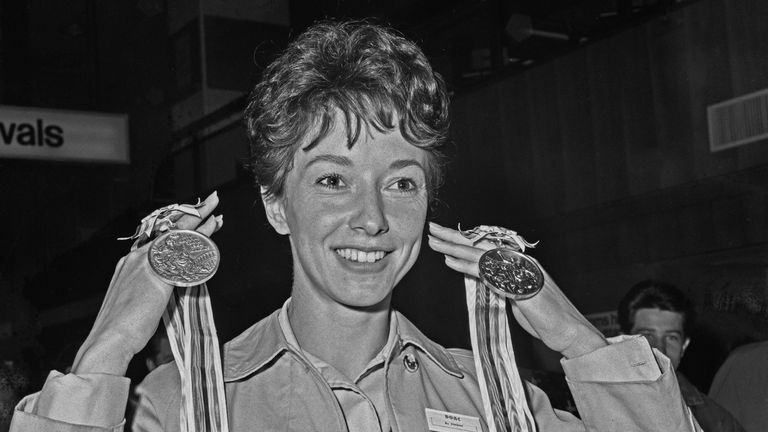 Packer October 27 1964 at Heathrow Airport in London upon her return from the Olympics with the gold and silver medals she won. 