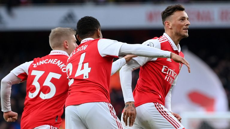 Ben White celebrates after equalising for Arsenal against Bournemouth