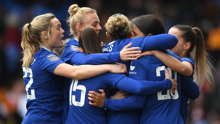 Sam Kerr is mobbed by her team-mates after giving Chelsea an early lead against Arsenal in the Women&#39;s League Cup final