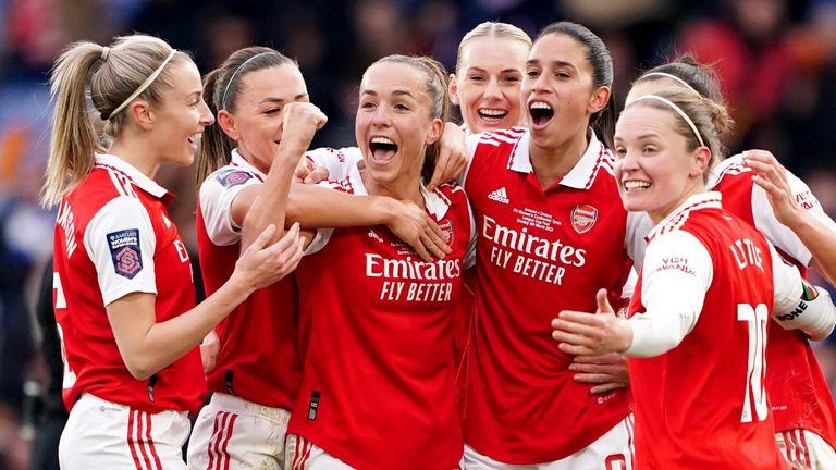 Arsenal players celebrate after Niamh Charles' own goal puts them 3-1 up against Chelsea