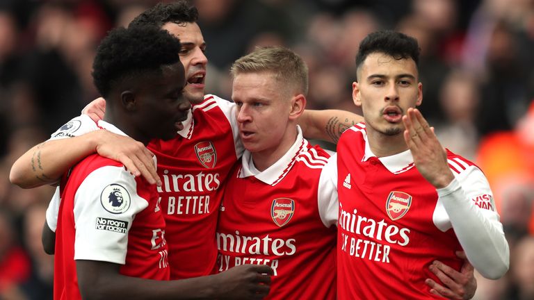 Goalscorers Bukayo Saka and Gabriel Martinelli celebrate during Arsenal's clash with Crystal Palace