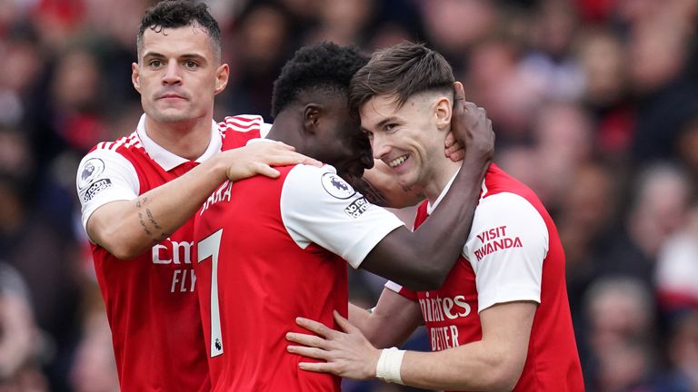 Bukayo Saka celebrates with Kieran Tierney after scoring Arsenal's fourth goal against Crystal Palace