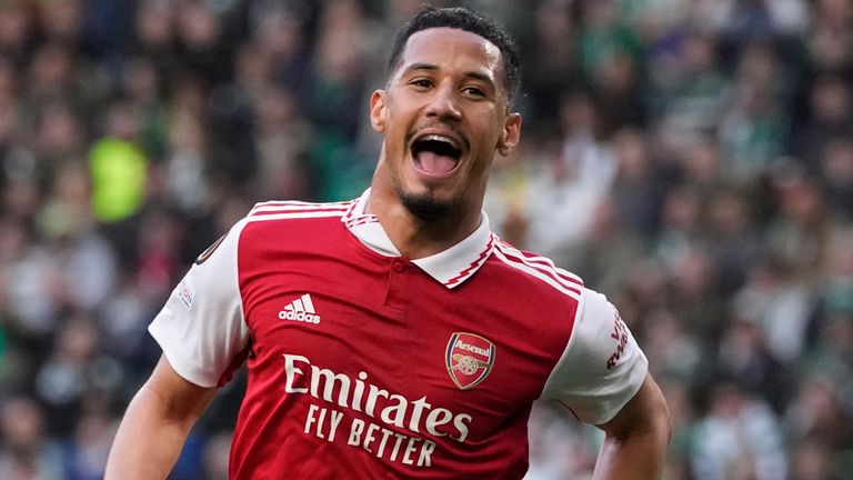 Arsenal's William Saliba celebrates after scoring his side's opening goal 