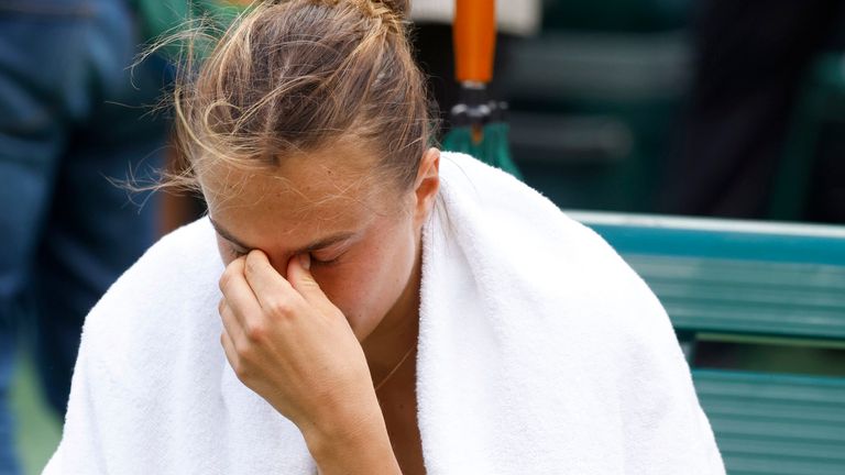 March 19, 2023 Aryna Sabalenka of Belarus after losing her match against Elena Rybakina of Kazakhstan during the Women's Final of the 2023 BNP Paribas Open at Indian Wells Tennis Garden in Indian Wells, California.  Mandatory Photo Credit: Charles Baus/CSM (Credit Image: ..Charles Baus/CSM via ZUMA Press Wire) (Cal Sport Media via AP Images)
