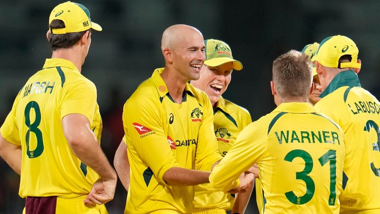 Australia's Ashton Agar celebrates a wicket during third ODI vs India (Associated Press)