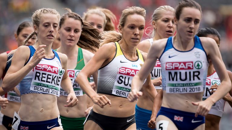 10 August 2018, Germany, Berlin: European Athletics Championships at the Olympic Stadium: 1500 meters, Women, Round 1: Jemma Reekie from Great Britain (L, front row), Diana Sujew from Germany and Laura Muir from Great Britain in action. Photo by: Sven Hoppe/picture-alliance/dpa/AP Images


