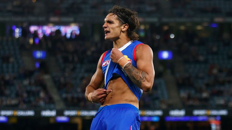MELBOURNE, AUSTRALIA - MARCH 30: (EDITORS NOTE: this is a re-crop of image 1478028591) Jamarra Ugle-Hagan of the Bulldogs celebrates kicking a goal during the round three AFL match between Western Bulldogs and Brisbane Lions at Marvel Stadium, on March 30, 2023, in Melbourne, Australia. (Photo by Daniel Pockett/Getty Images)
