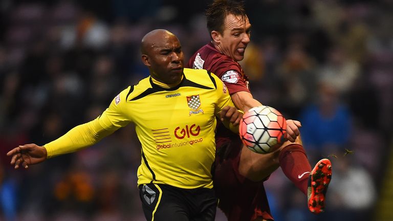 Barry Hayles (left) in action for Chesham United during their 2015 FA Cup second-round tie against Bradford City 