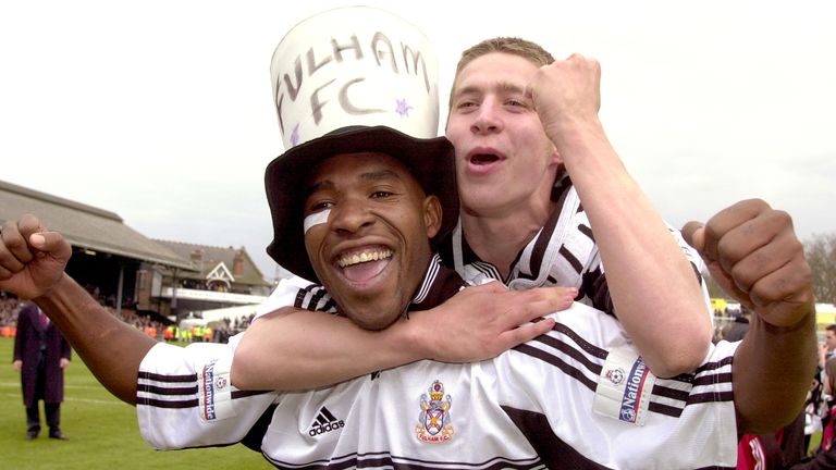 Barry Hayles (left) celebrates Fulham's promotion to the Premier League with Sean Davis