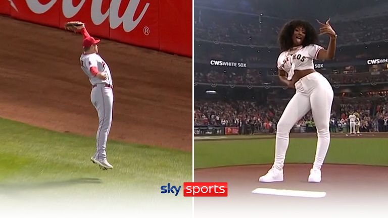Hunter Renfroe of the Los Angeles Angels pulled off an unbelievable no-look catch as Megan Thee Stallion threw the opening pitch of the night
