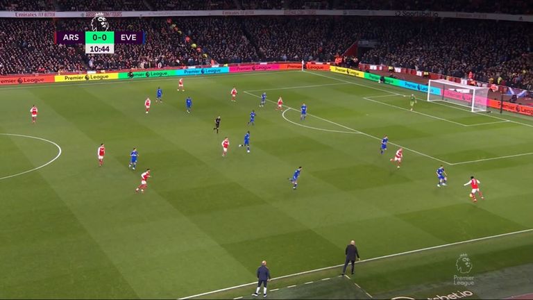 Arsenal's 3-2-5 shape with Ben White deep when Bukayo Saka isolates the Everton full-back