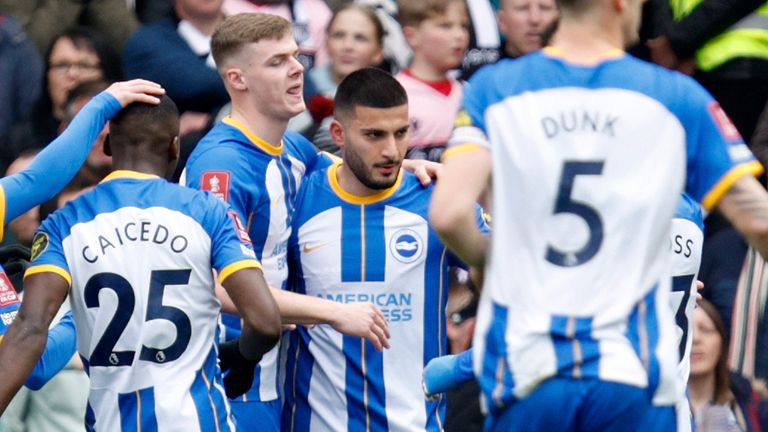 Deniz Undav celebrates after scoring Brighton's opening goal against Grimsby