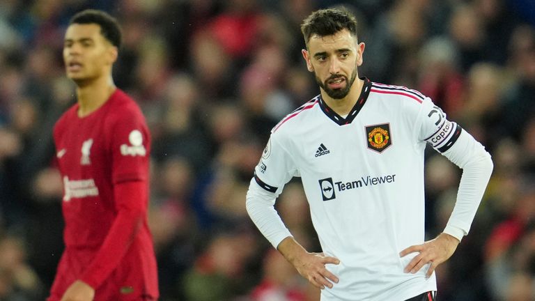 Bruno Fernandes reacts after Mohamed Salah puts Liverpool 4-0 up (AP)