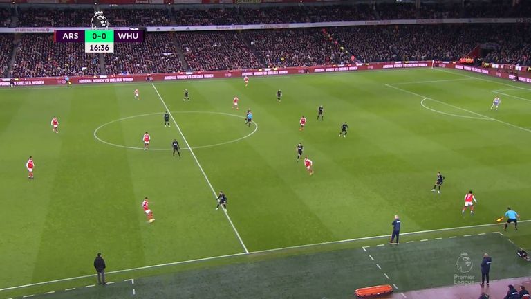 Arsenal&#39;s Bukayo Saka prepares to make a run inside to create a new angle to receive the pass