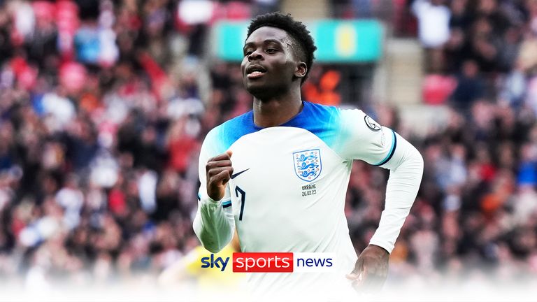 England&#39;s Bukayo Saka celebrates