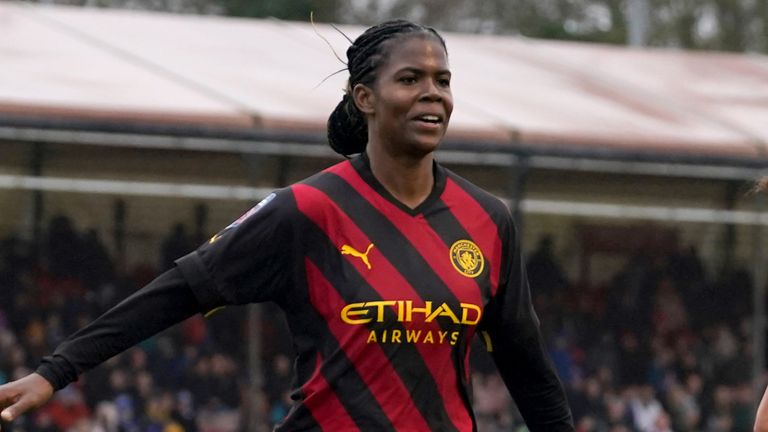 Khadija Shaw celebrates scoring Man City&#39;s second goal against Brighton