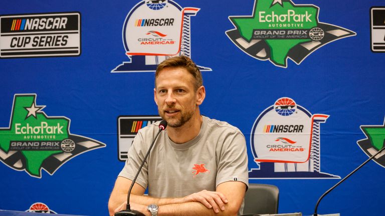 AUSTIN, TX - MARCH 24: Jenson Button (#15 Rick Ware Racing Mobil 1 Ford) talks to the media after practice for the NASCAR Cup Series EchoPark Automotive Grand Prix on March 24, 2023 at Circuit of the Americas in Austin, Texas. (Photo by Matthew Pearce/Icon Sportswire) (Icon Sportswire via AP Images)