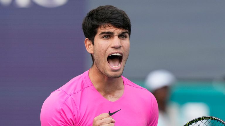 Carlos Alcaraz of Spain reacts after winning the first set against Tommy Paul during the Miami Open tennis tournament, Tuesday, March 28, 2023, in Miami Gardens, Fla.  (AP Photo/Marta Lavandier)