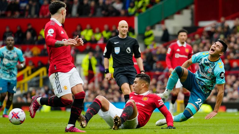 Manchester United's Casemiro tackles Carlos Alcaraz of Southampton