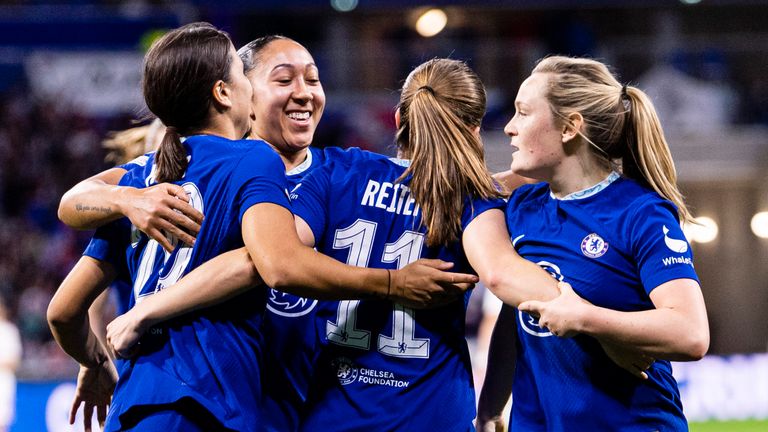 Guro Reiten of Chelsea (C) celebrating her goal with her teammates during the UEFA Women's Champions League quarter-final 1st leg match between Olympique Lyonnais and Chelsea FC at Groupama Stadium
