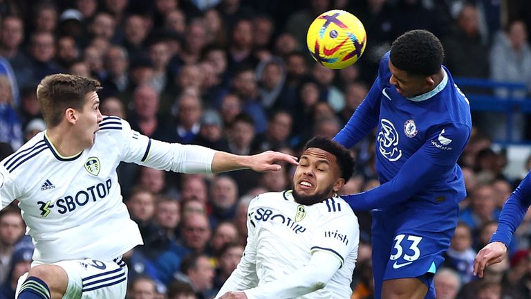 Wesley Fofana rises to head Chelsea's opening goal against Leeds