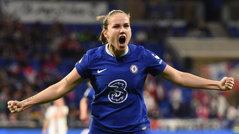 Guro Reiten of Chelsea celebrates after scoring her team&#39;s first goal during the UEFA Women&#39;s Champions League quarter-final 1st leg match between Olympique Lyonnais and Chelsea FC at Groupama Stadium