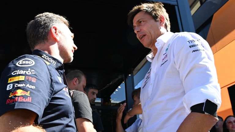 AUTODROMO NAZIONALE MONZA, ITALY - SEPTEMBER 11: Christian Horner, Team Principal, Red Bull Racing, and Toto Wolff, Team Principal and CEO, Mercedes AMG during the Italian GP at Autodromo Nazionale Monza on Sunday September 11, 2022 in Monza, Italy. (Photo by Mark Sutton / Sutton Images)