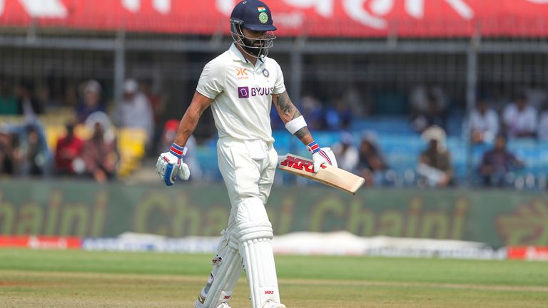 India&#39;s Virat Kohli walks back to pavilion after his dismissal during the second day of third cricket test match between India and Australia in Indore, India, Thursday, March 2, 2023. (AP Photo/Surjeet Yadav)
